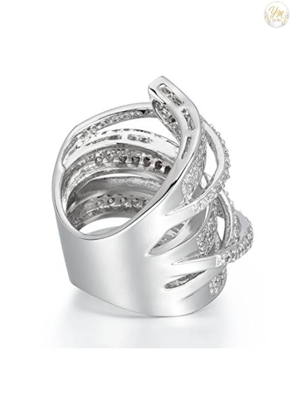 Rhodium Plated Cubic Zirconia Wide Band Cocktail Ring Size 9